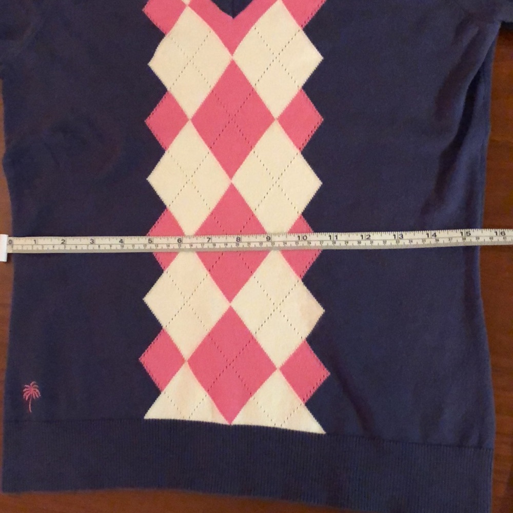 Lilly Pulitzer V-Neck Argyle Sweater Top Long-Sleeve Blue/White/Pink Shirt - Picture 8 of 12